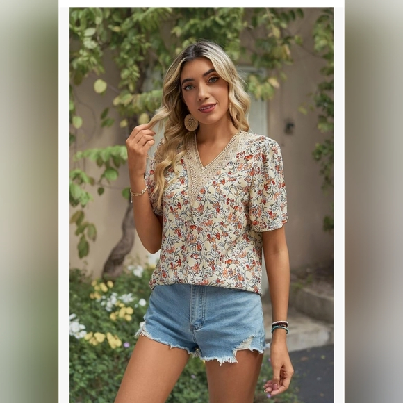 Boho Tops Blouses for Women V Neck Floral Summer Shirts Trendy Short Sleeve - Picture 11 of 14